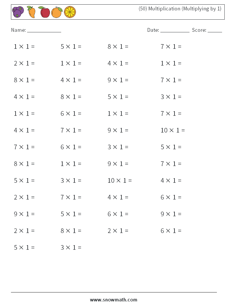 (50) Multiplication (Multiplying by 1) Maths Worksheets 4