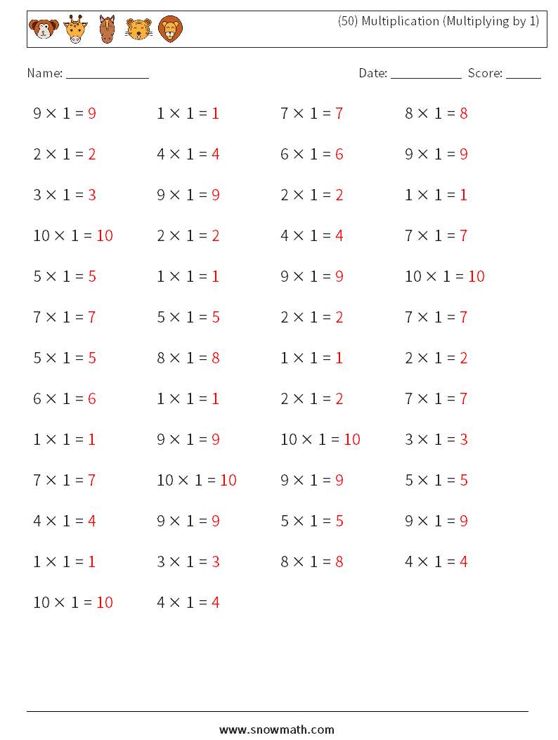 (50) Multiplication (Multiplying by 1) Math Worksheets 5 Question, Answer