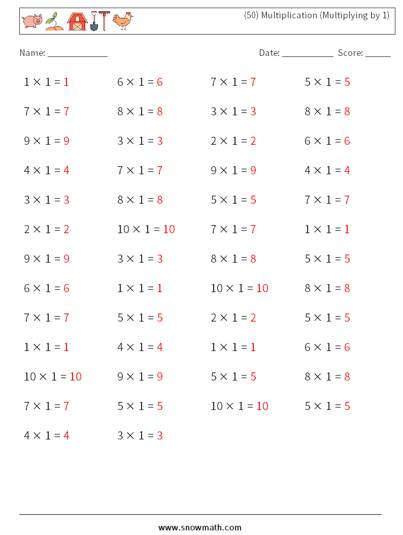 (50) Multiplication (Multiplying by 1) Math Worksheets 6 Question, Answer