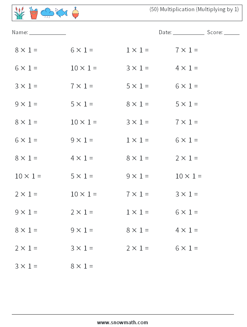 (50) Multiplication (Multiplying by 1) Maths Worksheets 7