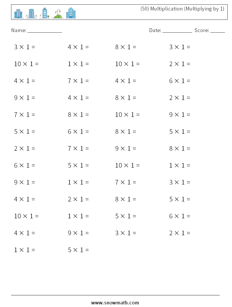 (50) Multiplication (Multiplying by 1) Math Worksheets 9