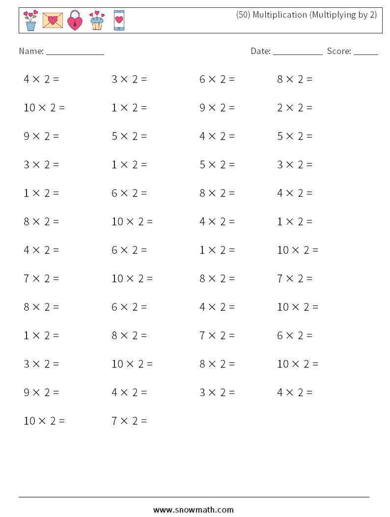 (50) Multiplication (Multiplying by 2) Math Worksheets 1