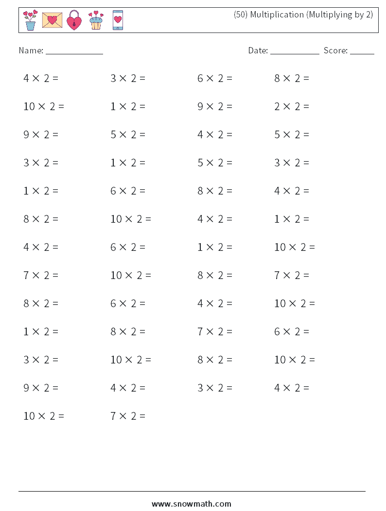 (50) Multiplication (Multiplying by 2) Maths Worksheets 1