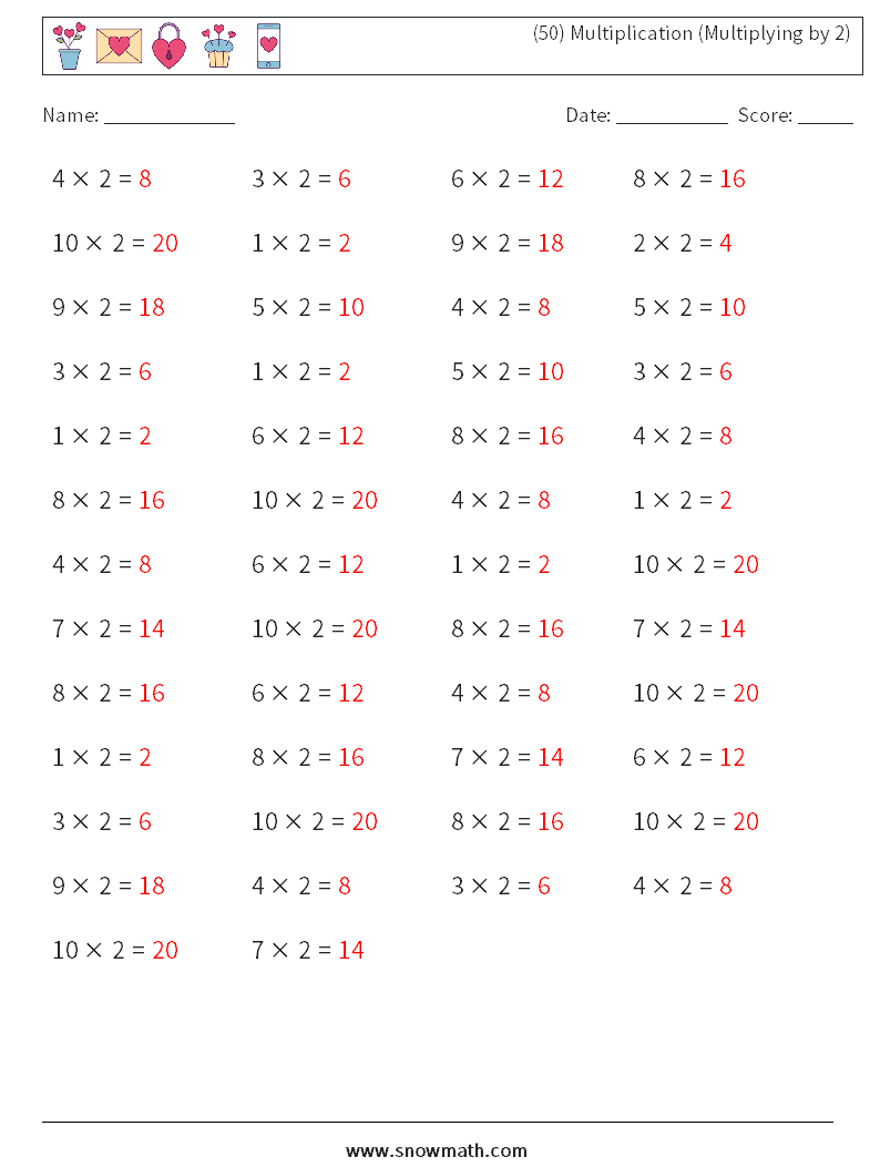 (50) Multiplication (Multiplying by 2) Math Worksheets 1 Question, Answer