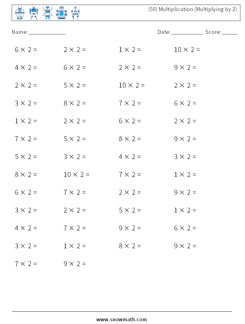 (50) Multiplication (Multiplying by 2) Math Worksheets 2