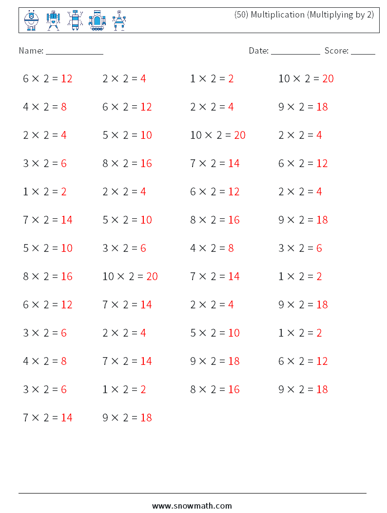 (50) Multiplication (Multiplying by 2) Math Worksheets 2 Question, Answer