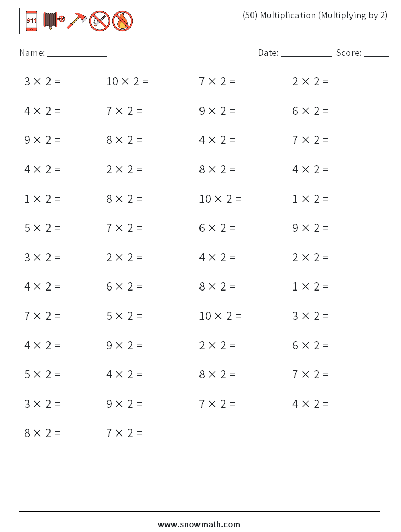(50) Multiplication (Multiplying by 2) Math Worksheets 3