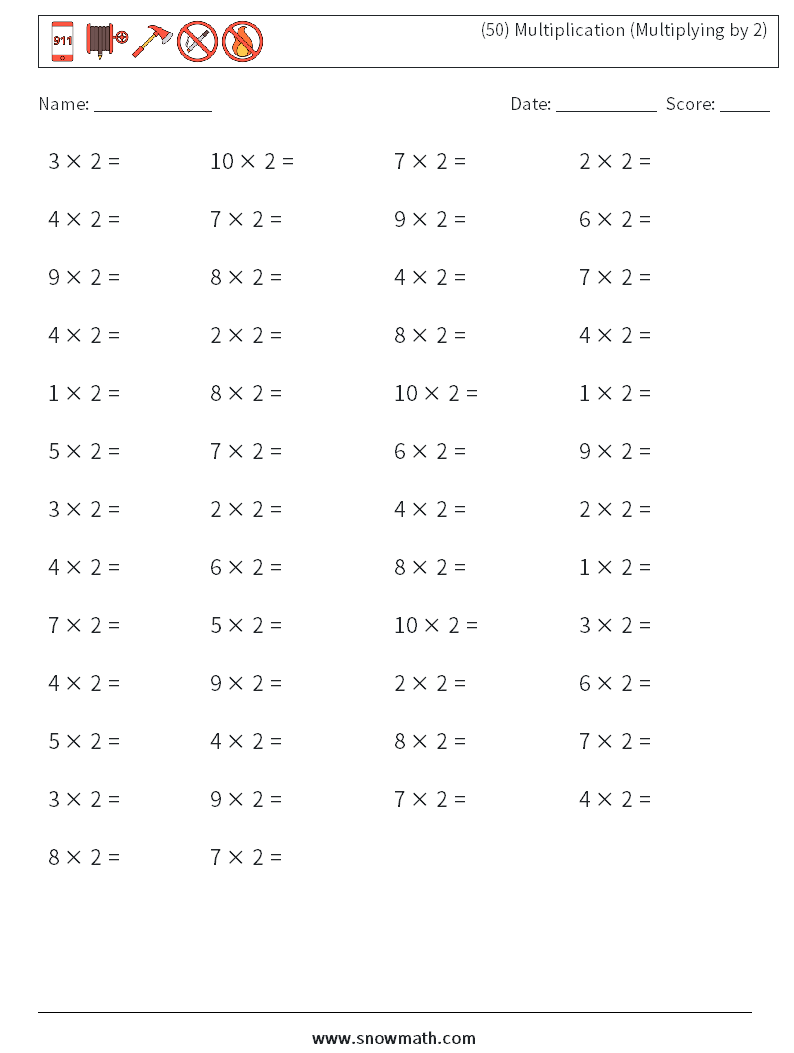 (50) Multiplication (Multiplying by 2) Maths Worksheets 3