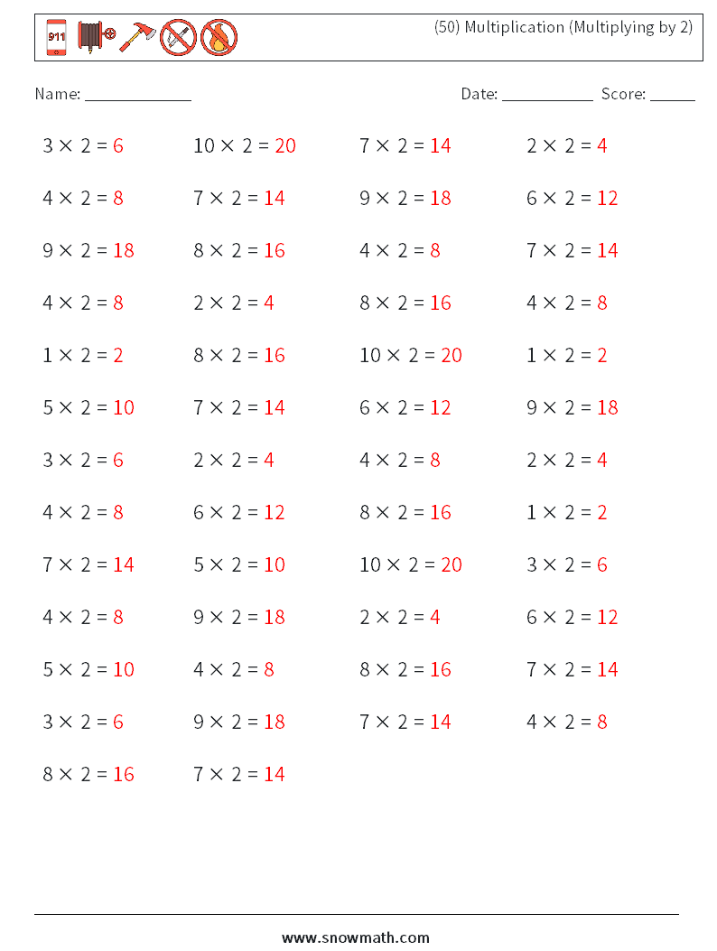(50) Multiplication (Multiplying by 2) Math Worksheets 3 Question, Answer