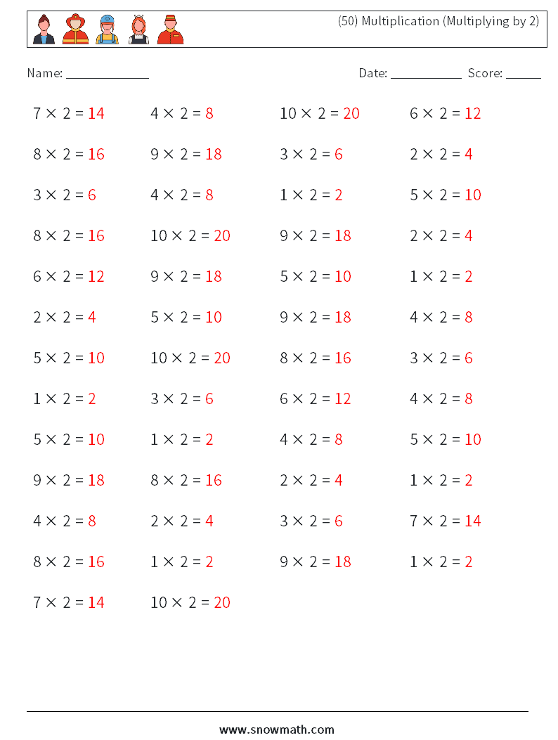 (50) Multiplication (Multiplying by 2) Math Worksheets 4 Question, Answer