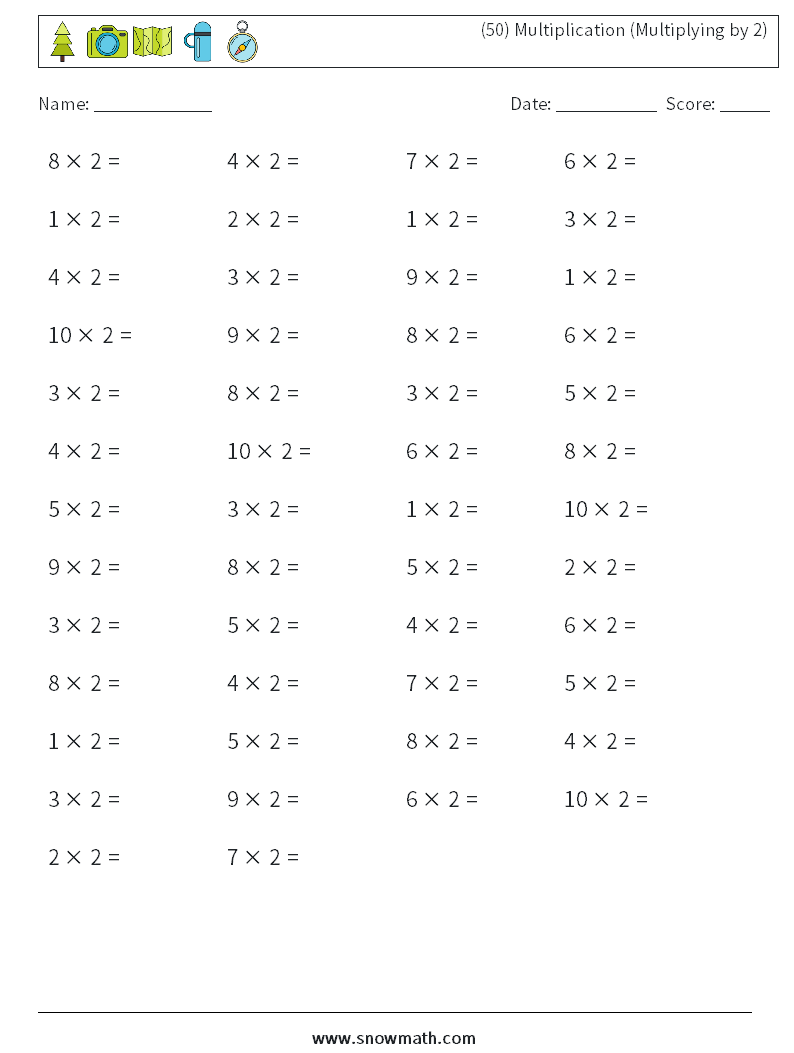 (50) Multiplication (Multiplying by 2) Maths Worksheets 5