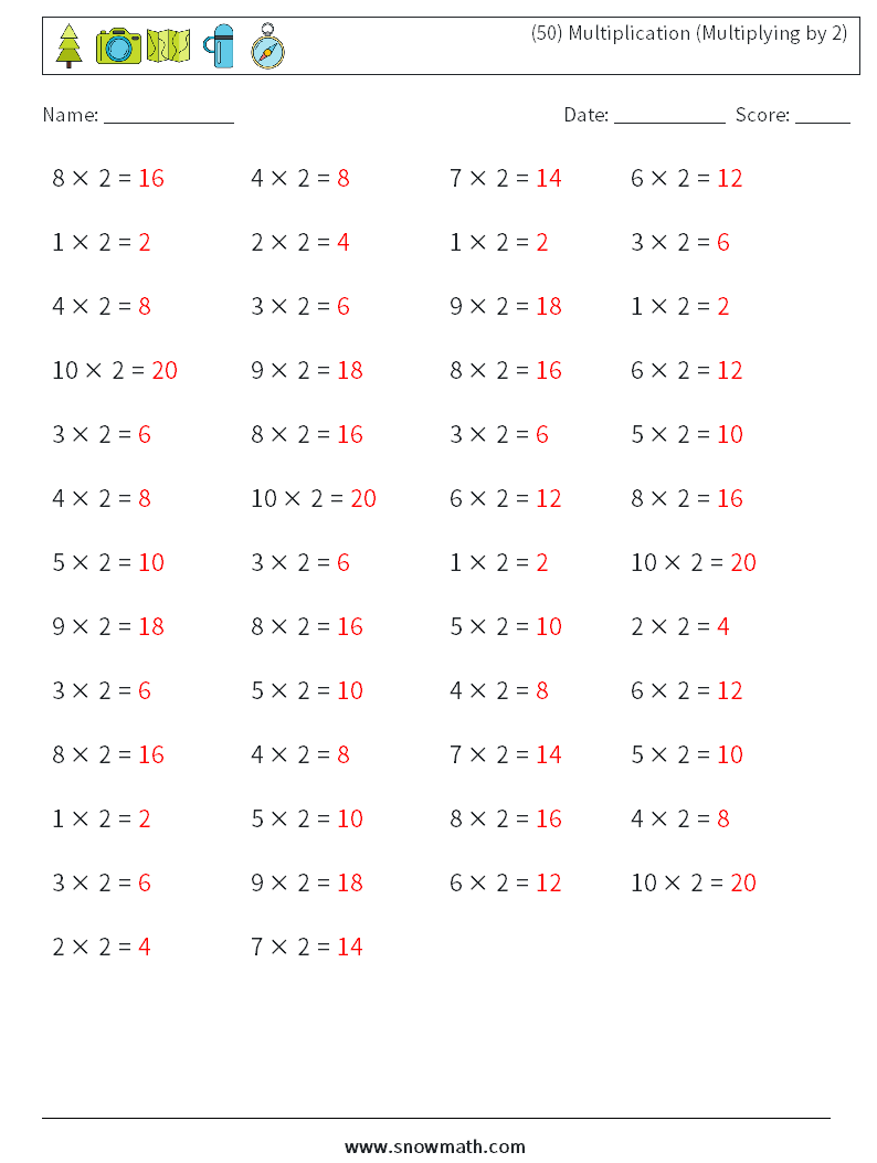 (50) Multiplication (Multiplying by 2) Math Worksheets 5 Question, Answer