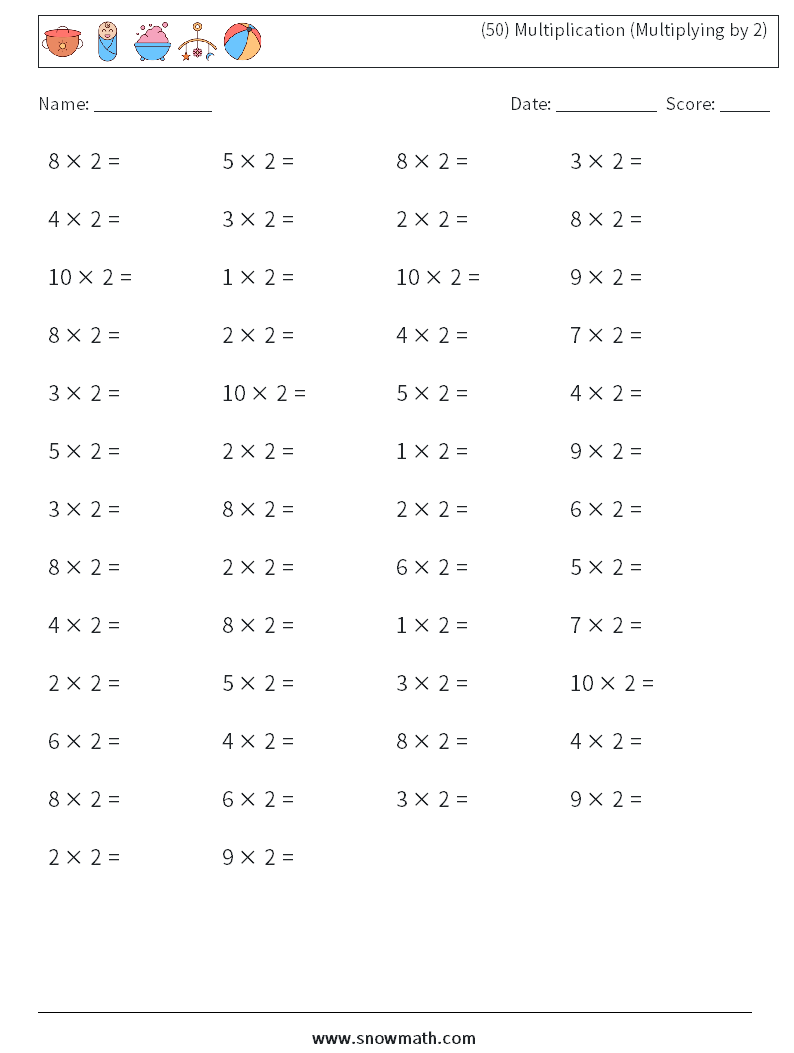 (50) Multiplication (Multiplying by 2) Math Worksheets 6