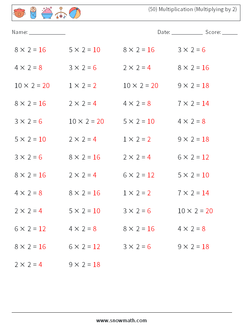 (50) Multiplication (Multiplying by 2) Math Worksheets 6 Question, Answer