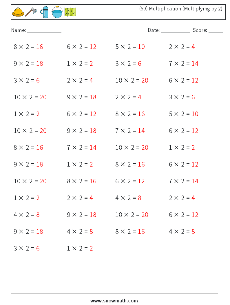 (50) Multiplication (Multiplying by 2) Math Worksheets 7 Question, Answer