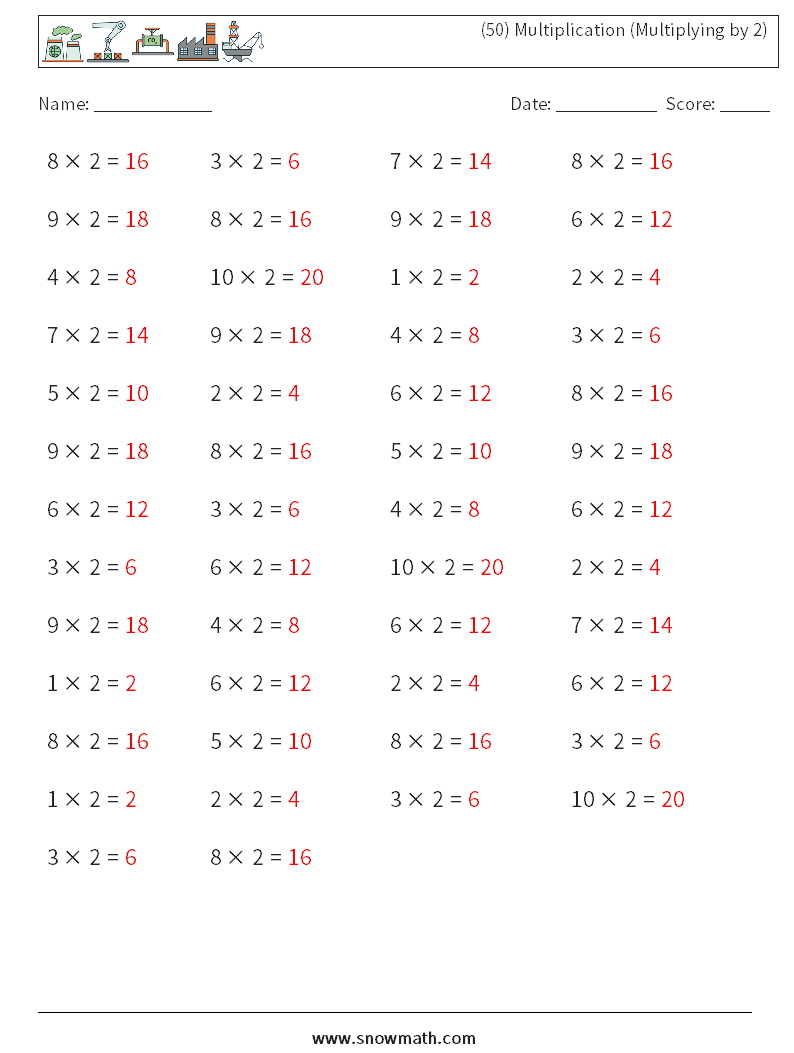 (50) Multiplication (Multiplying by 2) Math Worksheets 8 Question, Answer