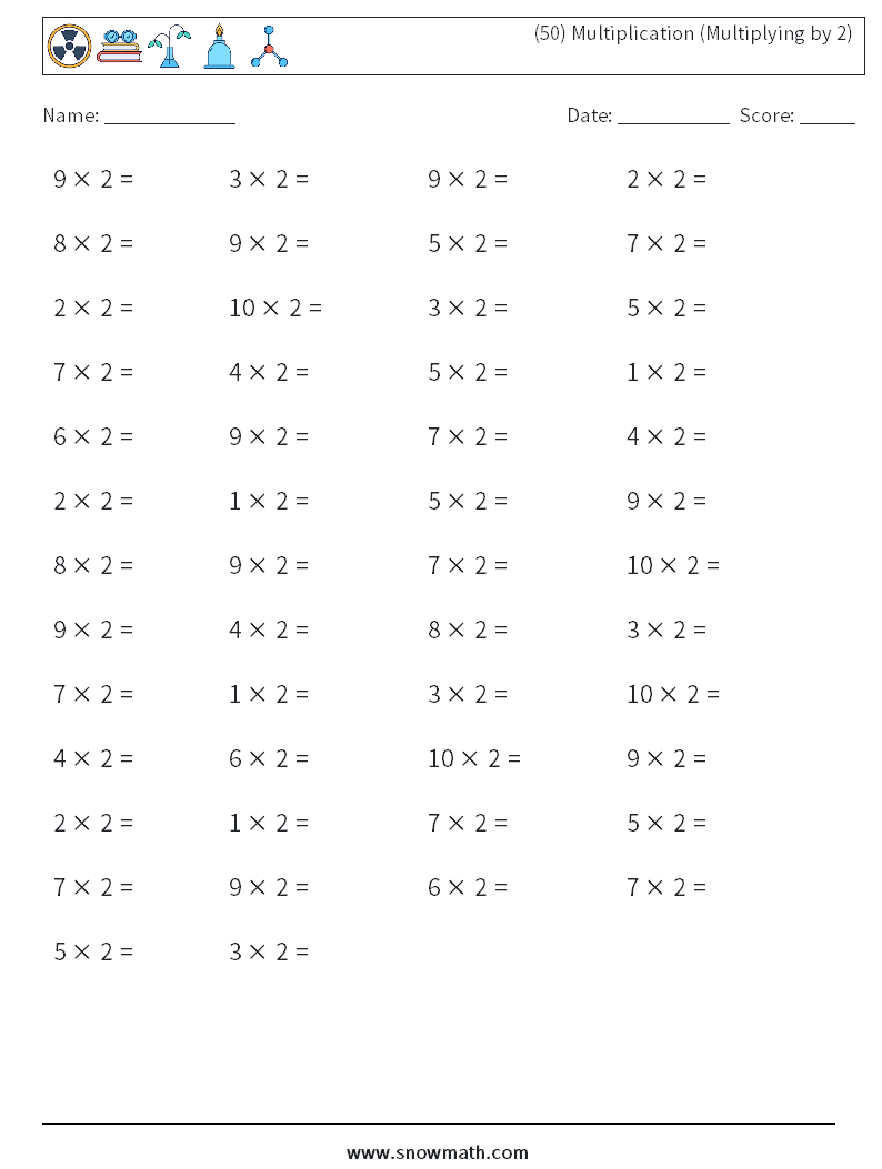 (50) Multiplication (Multiplying by 2) Math Worksheets 9