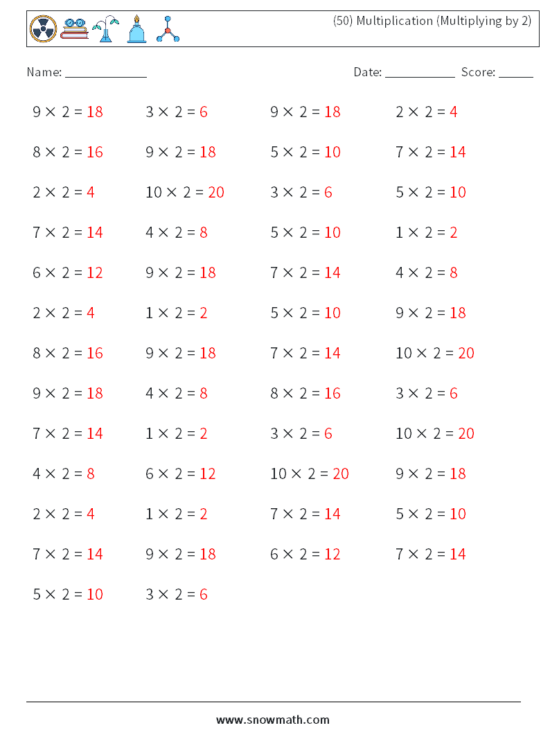 (50) Multiplication (Multiplying by 2) Math Worksheets 9 Question, Answer