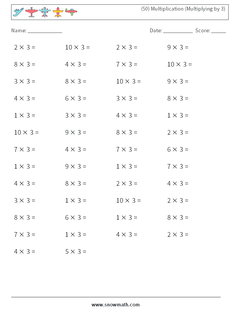 (50) Multiplication (Multiplying by 3) Math Worksheets 1