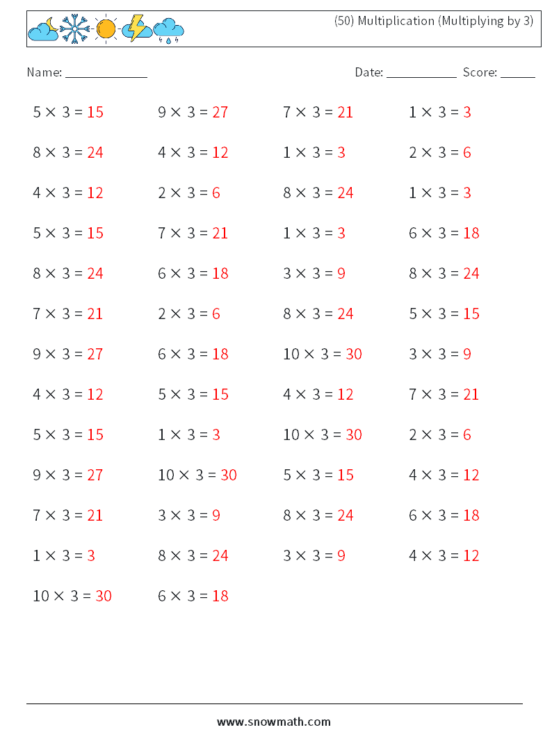 (50) Multiplication (Multiplying by 3) Math Worksheets 2 Question, Answer