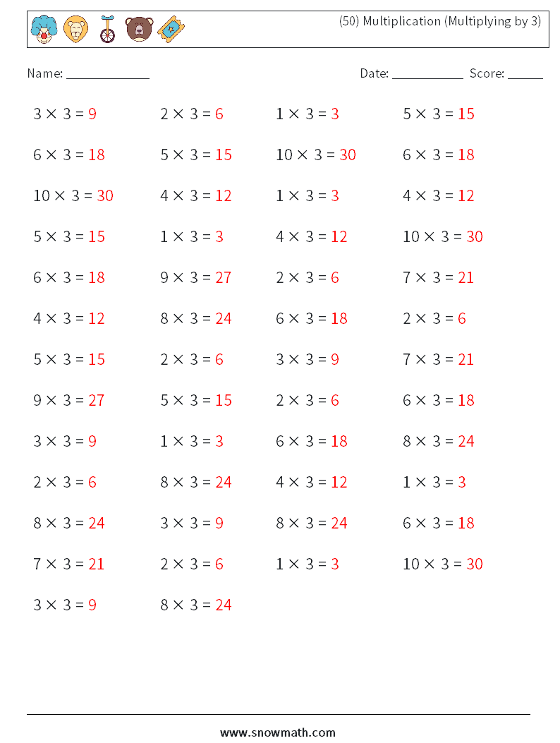 (50) Multiplication (Multiplying by 3) Math Worksheets 3 Question, Answer