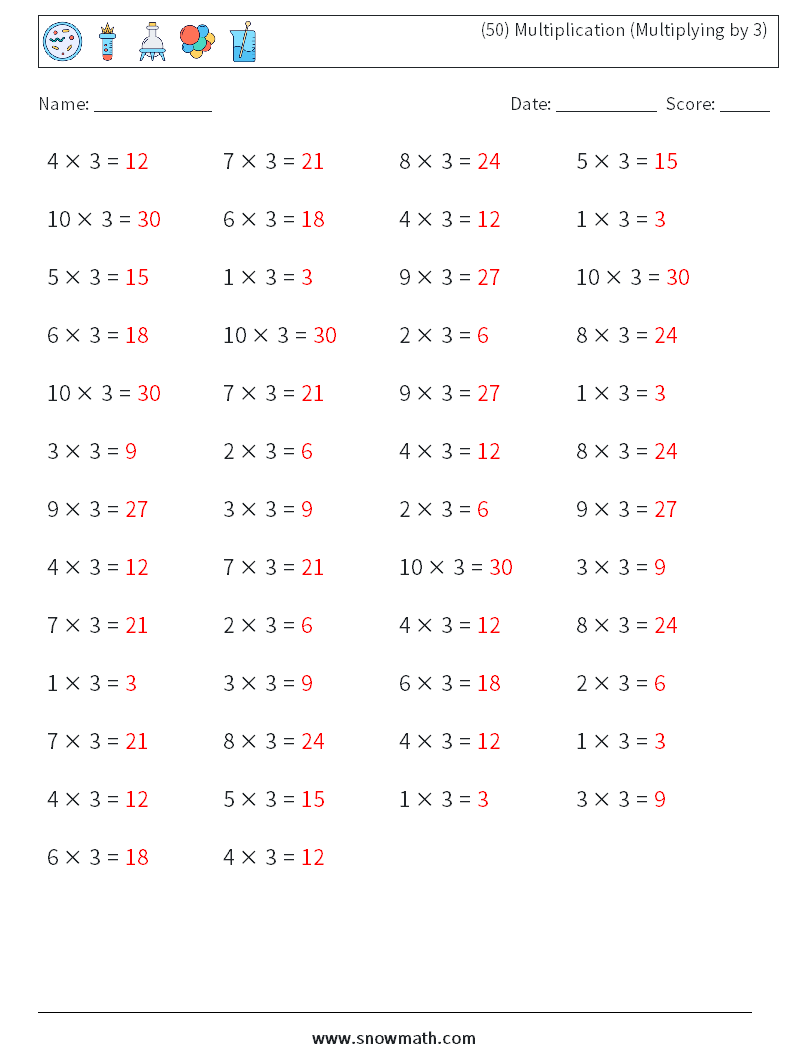 (50) Multiplication (Multiplying by 3) Math Worksheets 4 Question, Answer