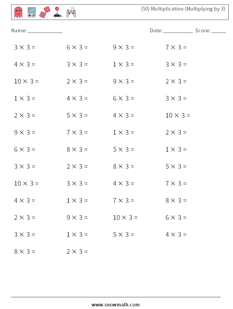 (50) Multiplication (Multiplying by 3) Math Worksheets 6