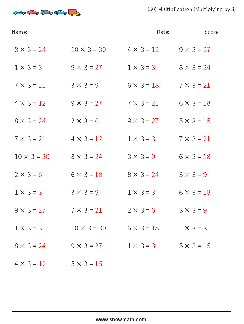 (50) Multiplication (Multiplying by 3) Math Worksheets 8 Question, Answer