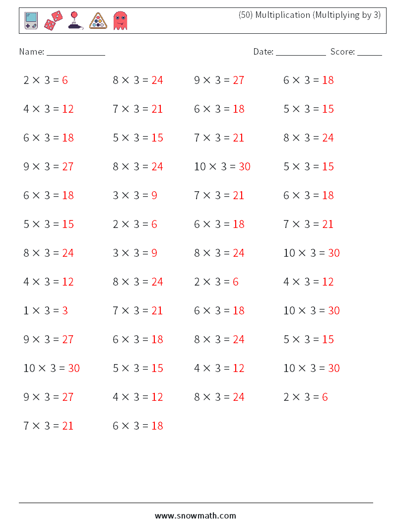 (50) Multiplication (Multiplying by 3) Math Worksheets 9 Question, Answer