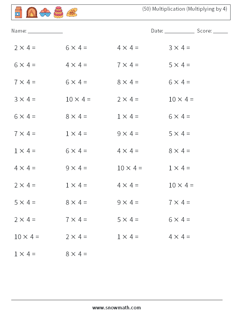 (50) Multiplication (Multiplying by 4) Maths Worksheets 2