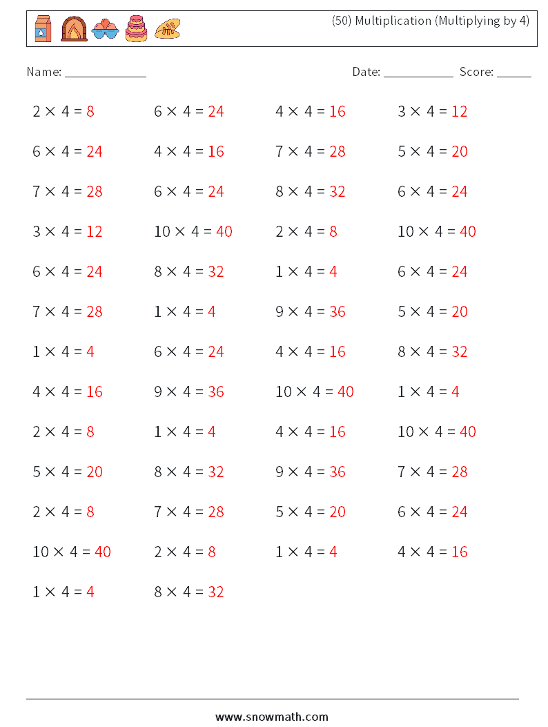 (50) Multiplication (Multiplying by 4) Math Worksheets 2 Question, Answer