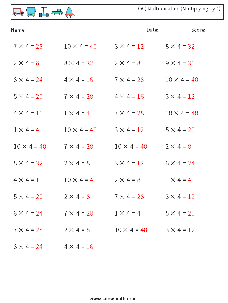 (50) Multiplication (Multiplying by 4) Math Worksheets 3 Question, Answer