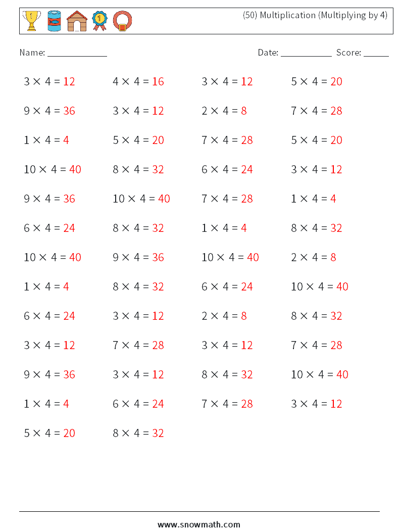 (50) Multiplication (Multiplying by 4) Math Worksheets 4 Question, Answer
