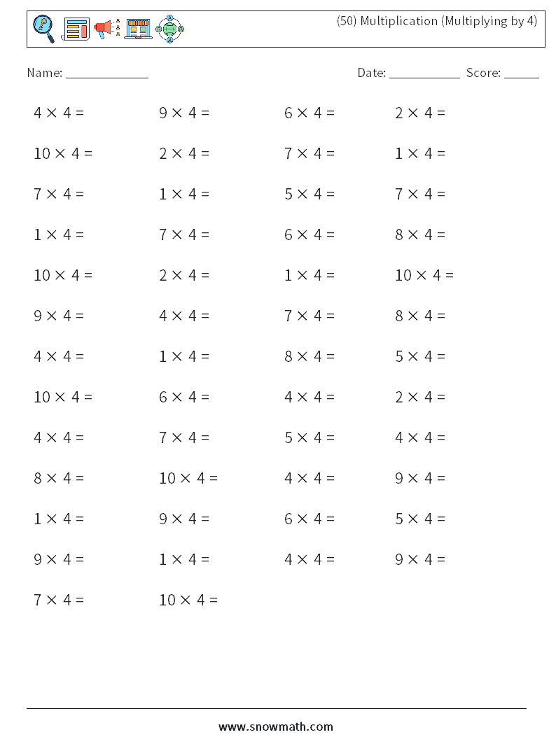 (50) Multiplication (Multiplying by 4) Maths Worksheets 5