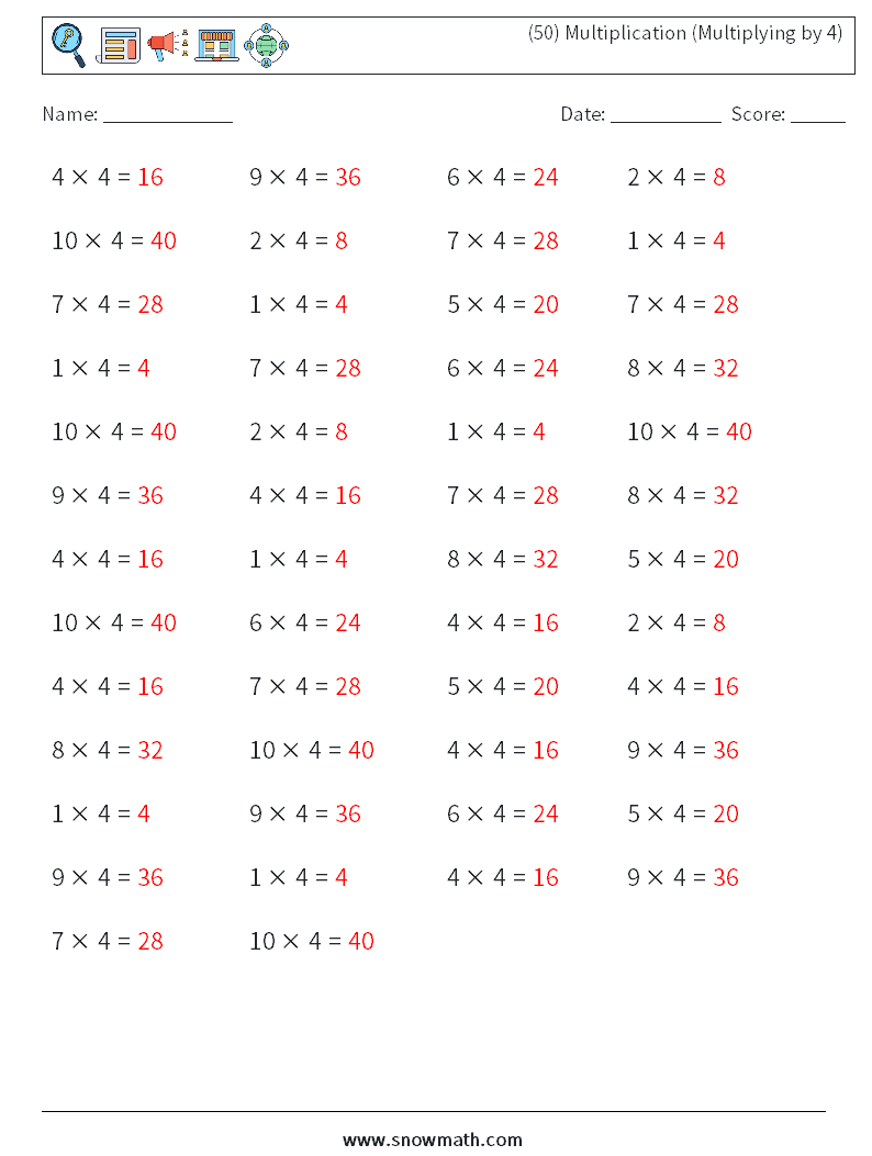 (50) Multiplication (Multiplying by 4) Math Worksheets 5 Question, Answer