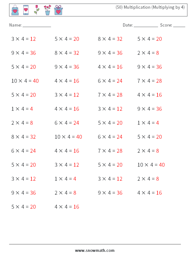 (50) Multiplication (Multiplying by 4) Math Worksheets 6 Question, Answer