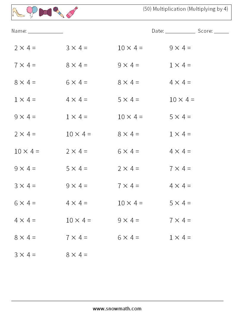 (50) Multiplication (Multiplying by 4) Maths Worksheets 8