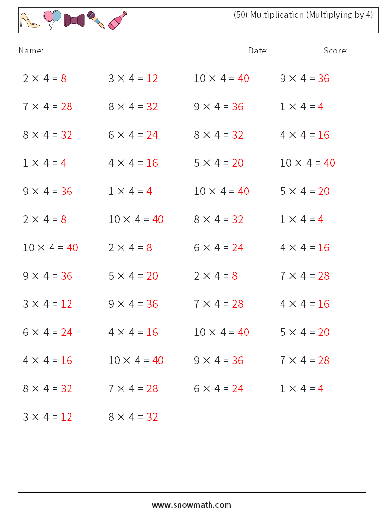 (50) Multiplication (Multiplying by 4) Math Worksheets 8 Question, Answer