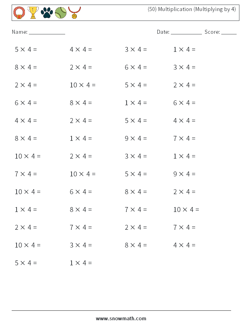 (50) Multiplication (Multiplying by 4) Math Worksheets 9