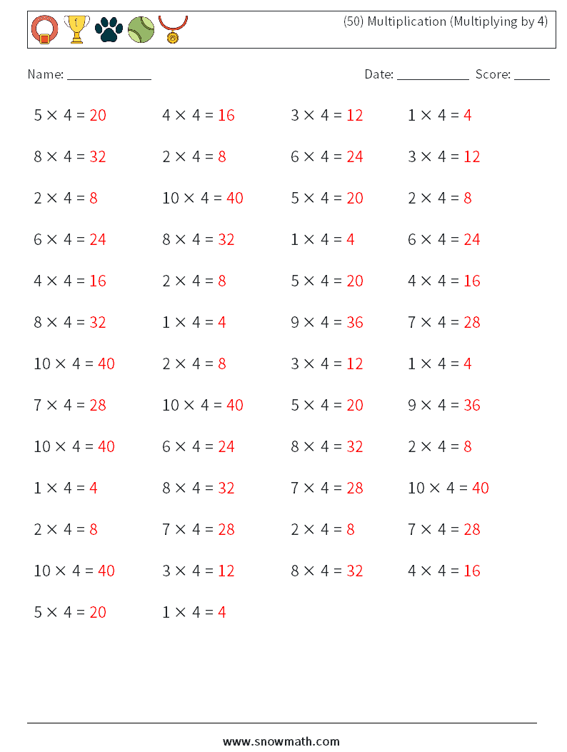(50) Multiplication (Multiplying by 4) Math Worksheets 9 Question, Answer