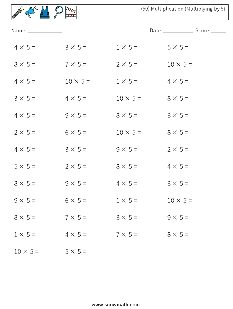 (50) Multiplication (Multiplying by 5) Maths Worksheets 1