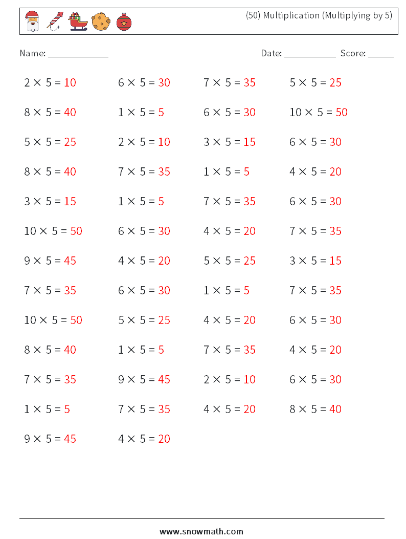 (50) Multiplication (Multiplying by 5) Math Worksheets 2 Question, Answer