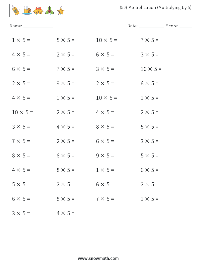 (50) Multiplication (Multiplying by 5) Maths Worksheets 3