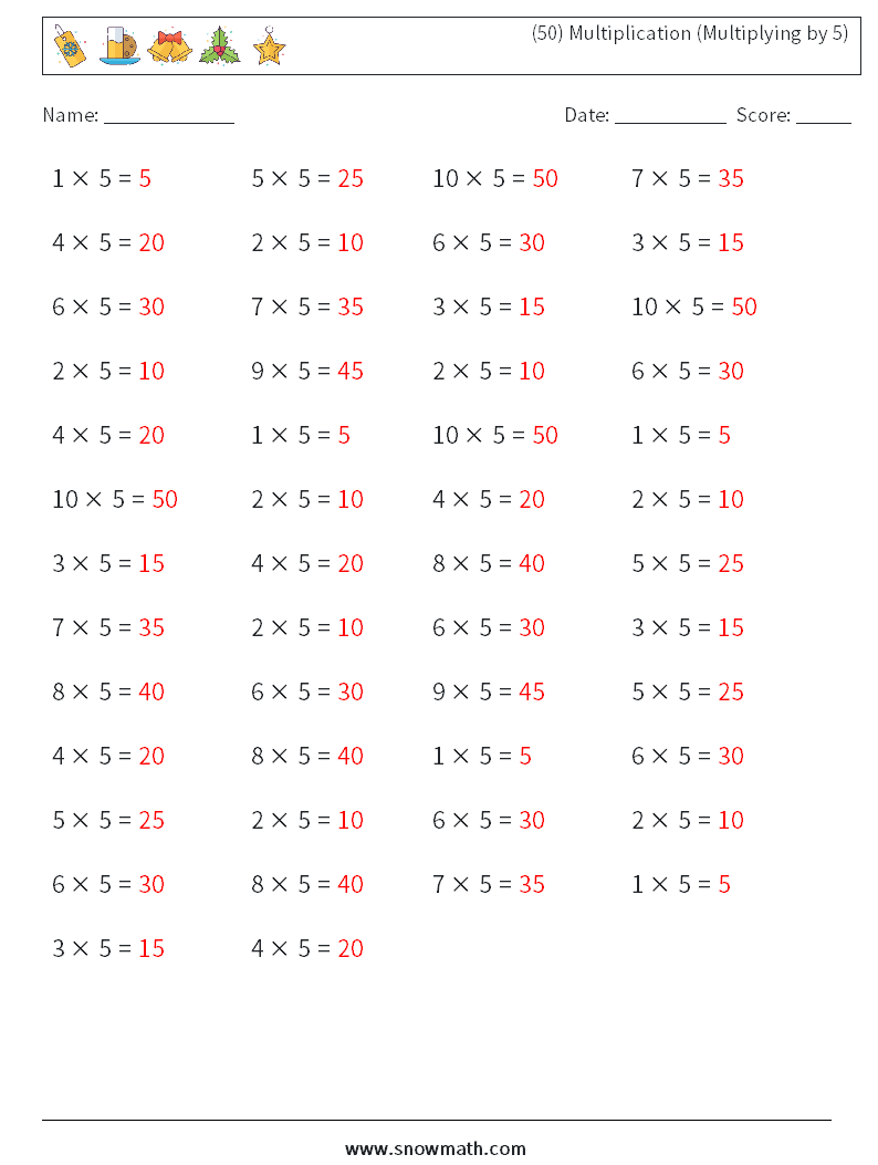 (50) Multiplication (Multiplying by 5) Math Worksheets 3 Question, Answer