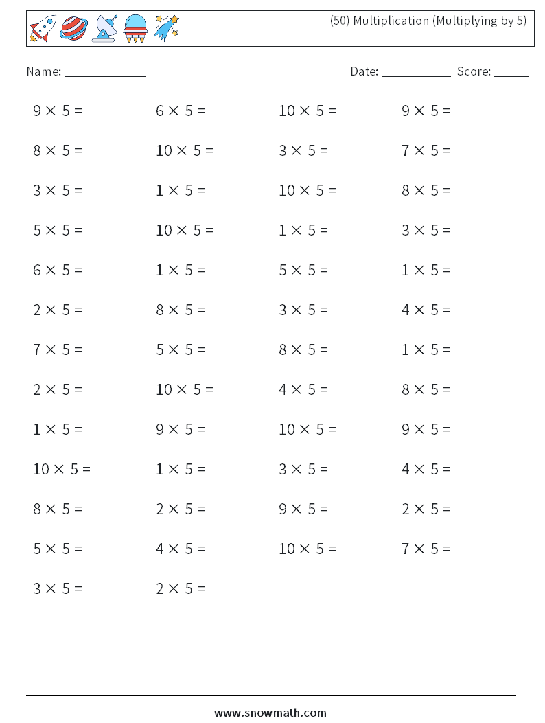 (50) Multiplication (Multiplying by 5) Maths Worksheets 4