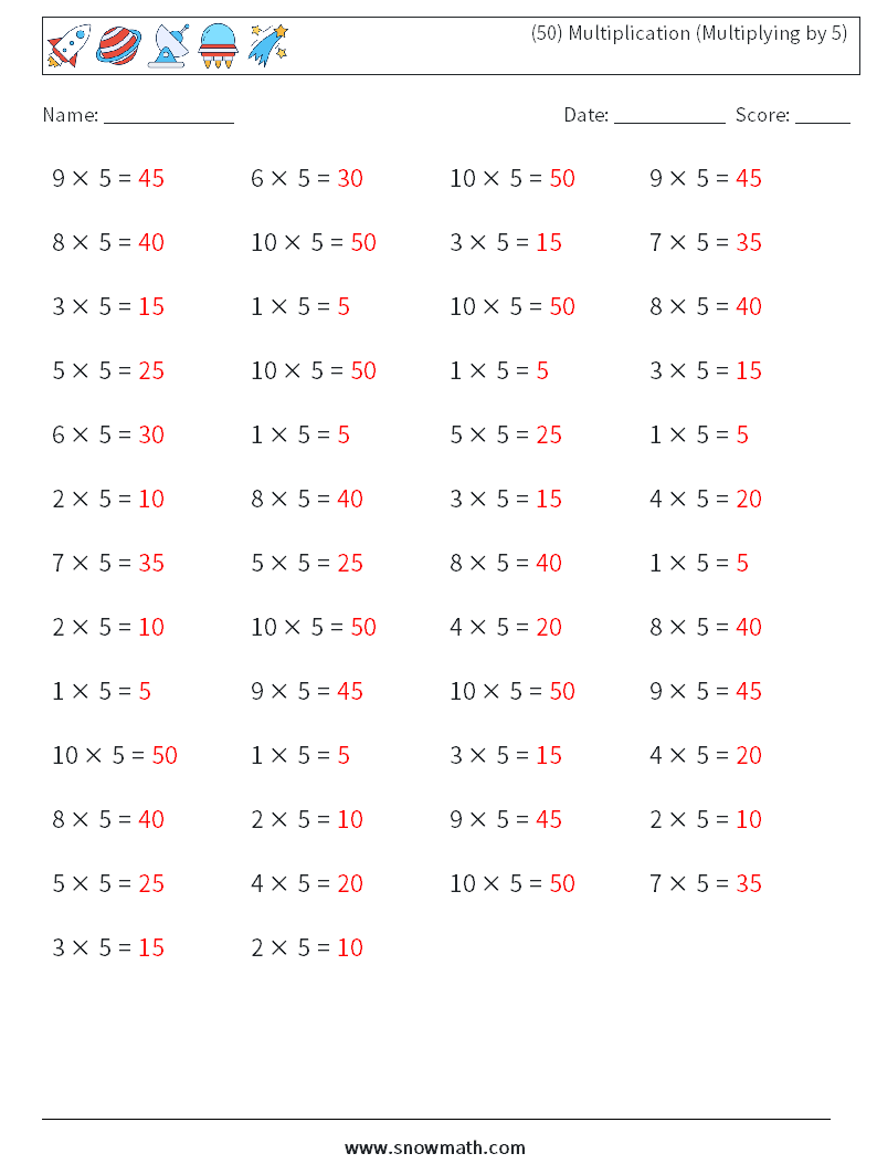 (50) Multiplication (Multiplying by 5) Math Worksheets 4 Question, Answer