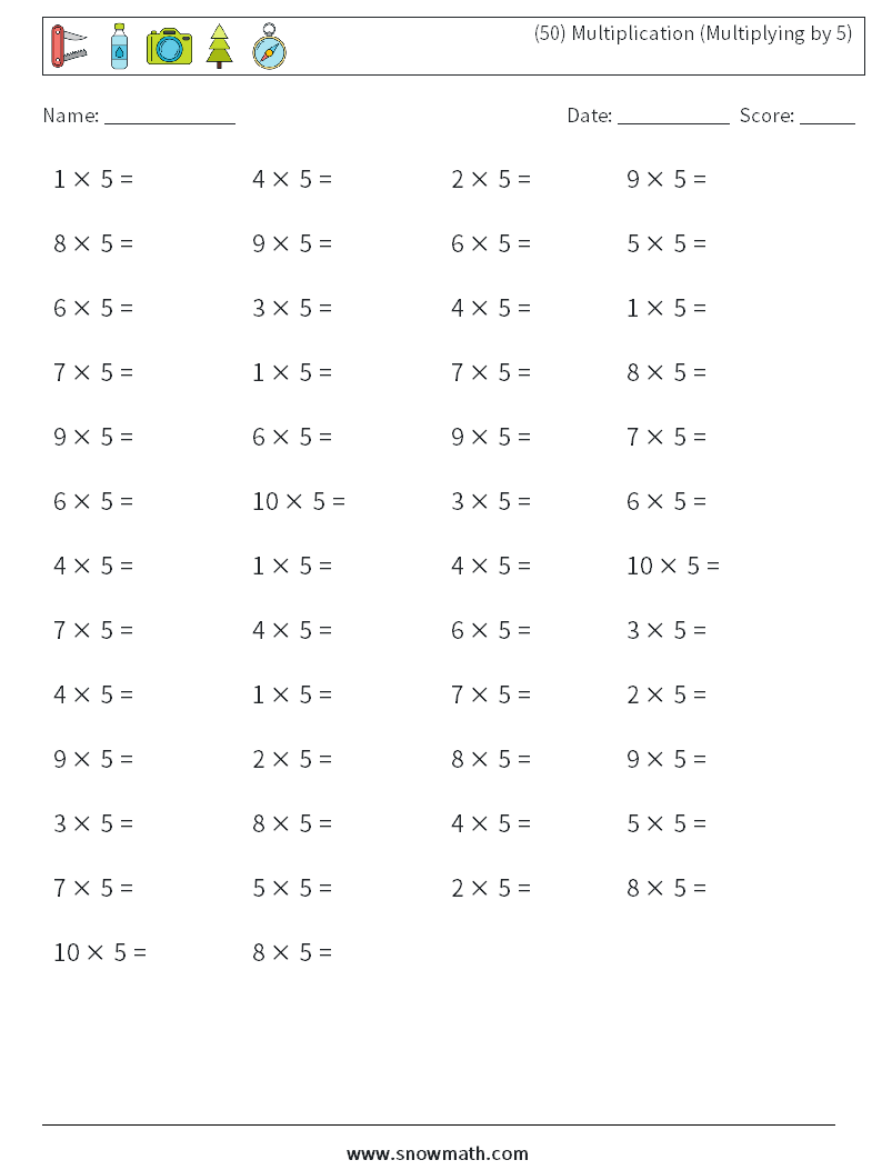 (50) Multiplication (Multiplying by 5) Math Worksheets 5