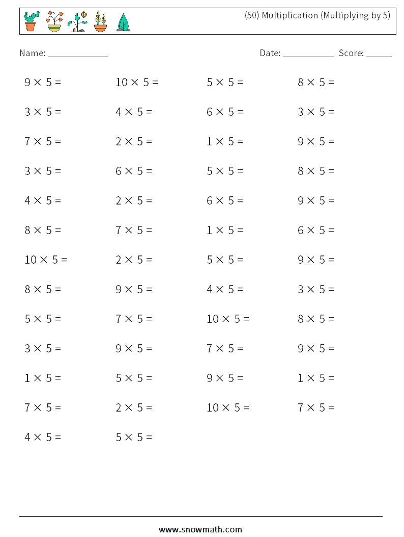 (50) Multiplication (Multiplying by 5) Math Worksheets 6