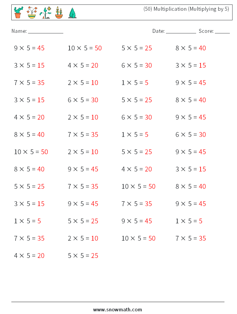 (50) Multiplication (Multiplying by 5) Math Worksheets 6 Question, Answer