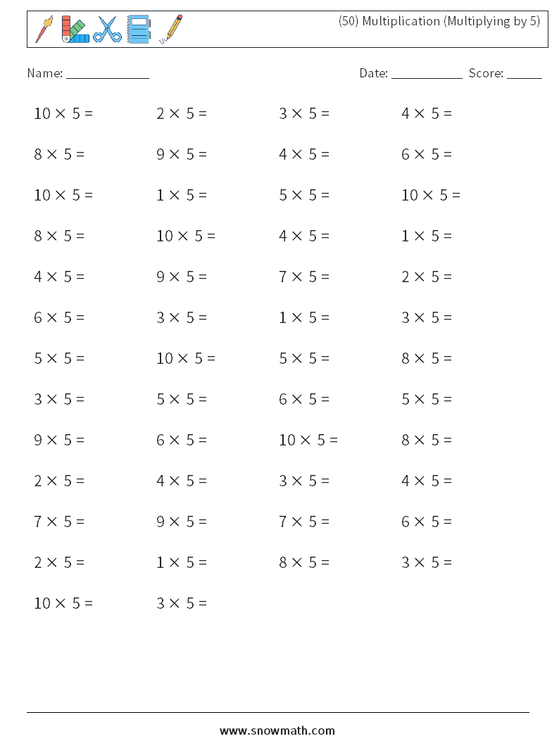 (50) Multiplication (Multiplying by 5) Maths Worksheets 7